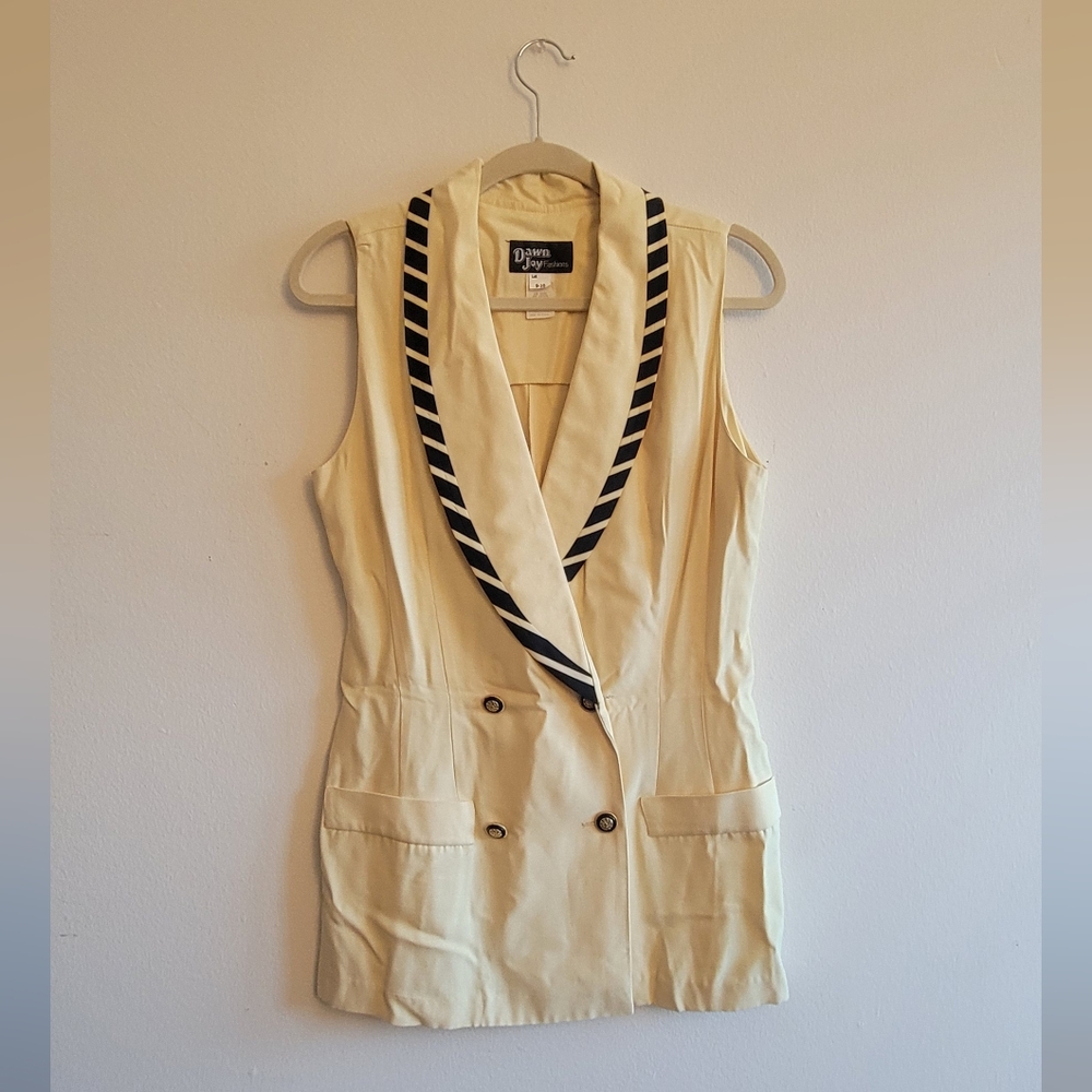 cream and black blazer vest with gold buttons